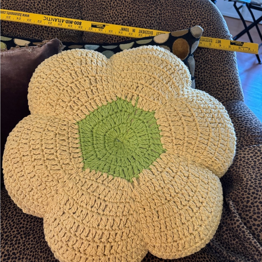 Green and Cream Crochet Flower Accent Pillow
